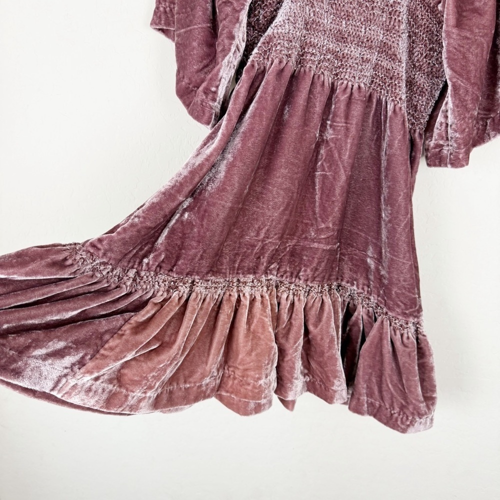 Free People Easy To Love Mini Dress Pink Velvet Smocked Bow Fairy Babydoll - Picture 4 of 11